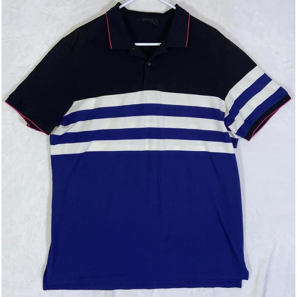 Greyson Golf Polo Shirt Men's XL Blue Bold Stripe Short Sleeve Stretch Golf Logo
